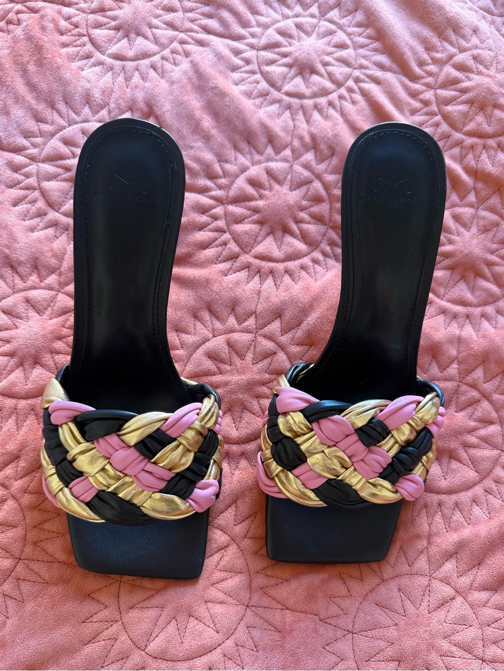 Marc Fisher Braided Heeled Sandals in Pink, Gold & Black